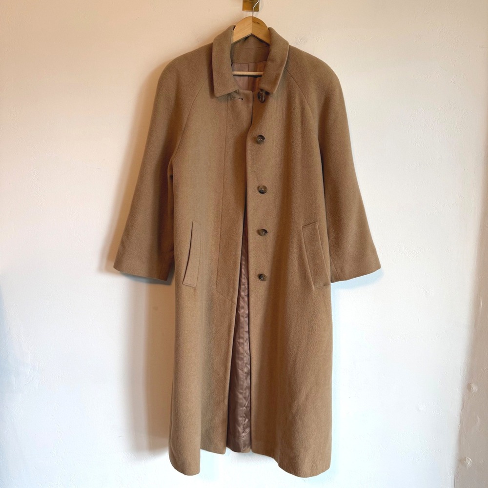 Vintage Fleurette 100% Camel Hair Coat Tan Longline ILGWU Nordstrom Minimalist L - Picture 2 of 16